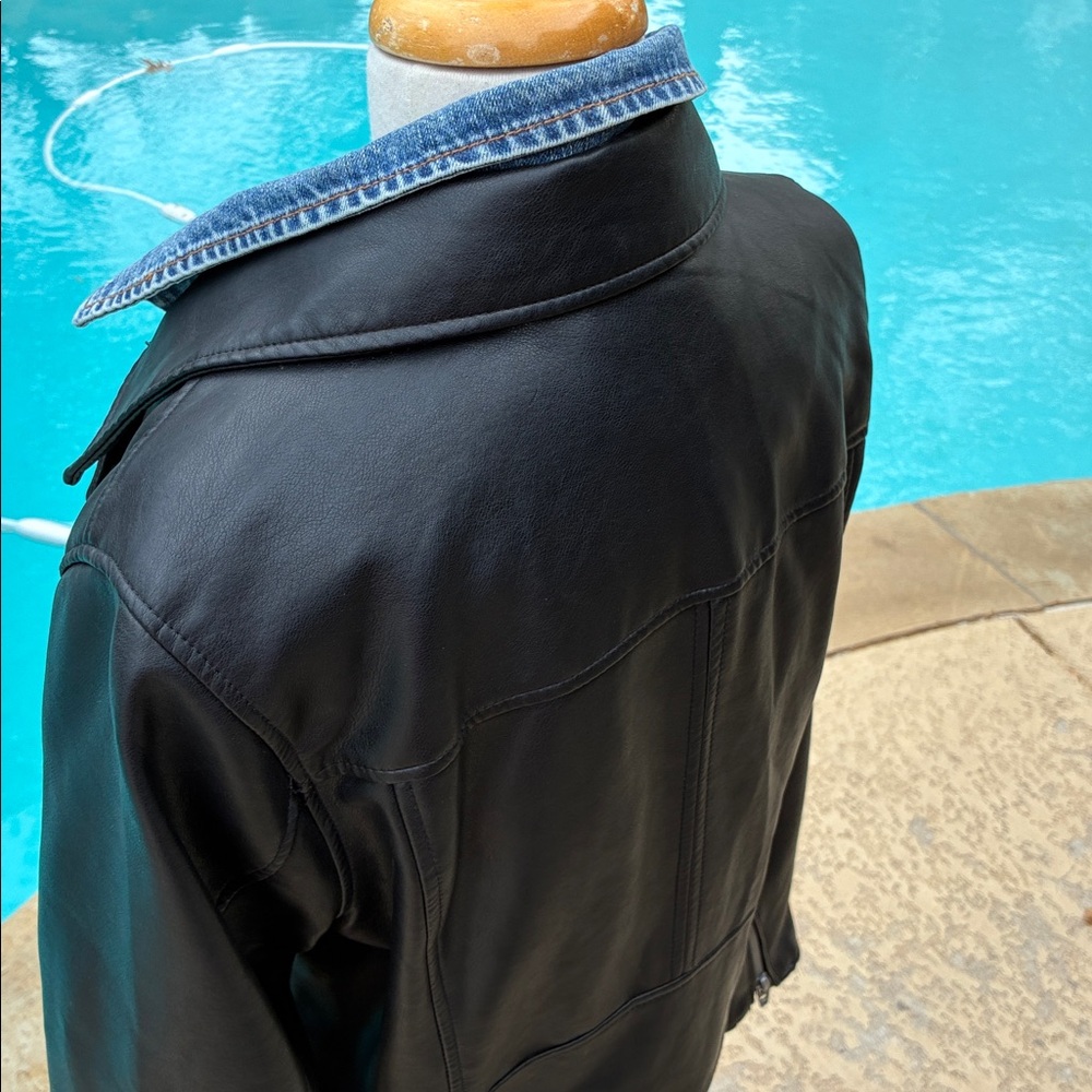 Blank NYC Black Faux Leather Moto Jacket with zip out Denim Collar Detail L - Picture 6 of 10